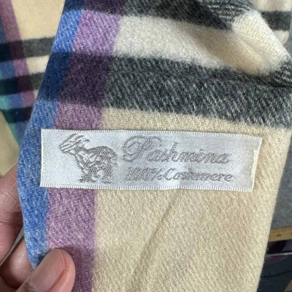 Pashmina 100% Cashmere Cream Plaid Rainbow Scarf One Size Fall Winter Cozy Chic